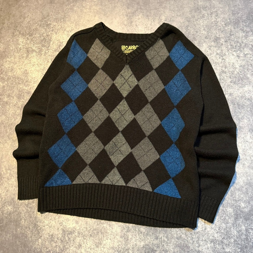 Y2K Grunge Skater Emo Goth Argyle Sweater CARBON Men's Black Small‎